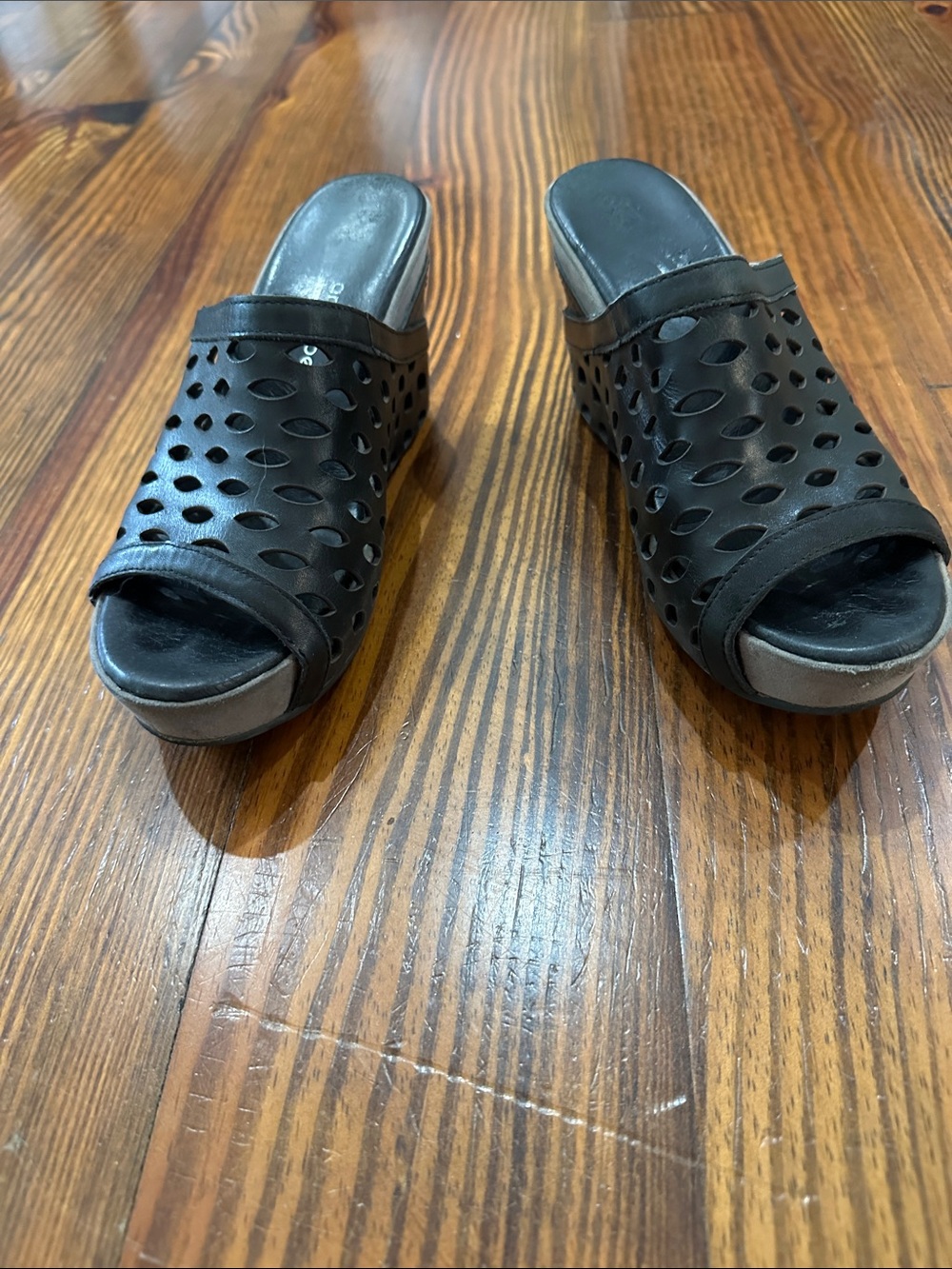 Antelope Black Perforated Wedge Slide Mules - Picture 2 of 8